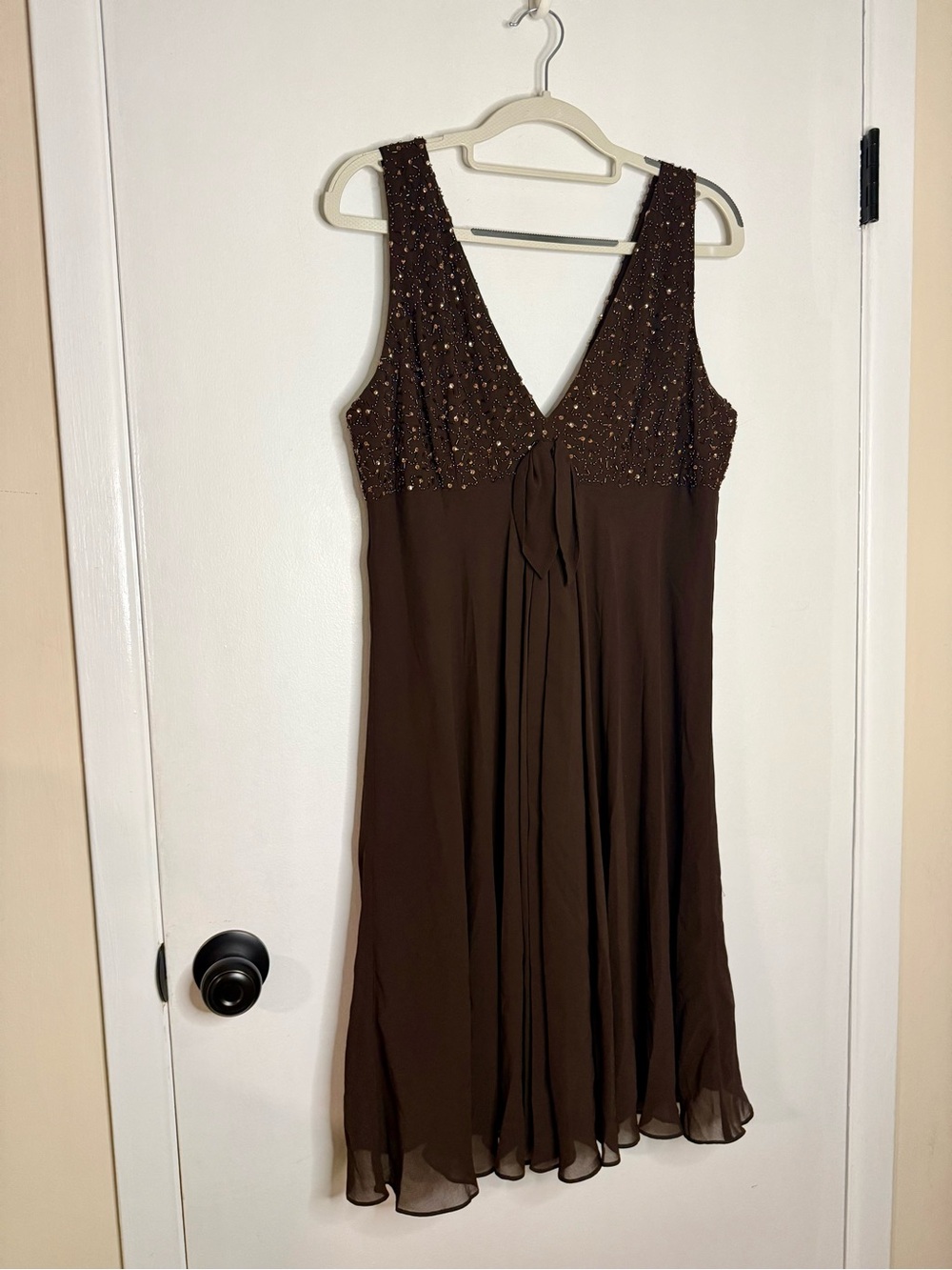 Vintage Beaded Eva Blue V-Neck Brown Midi Dress